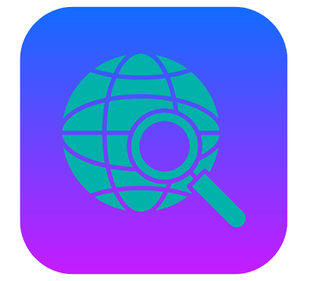 Teal icon of magnifying glass on the world